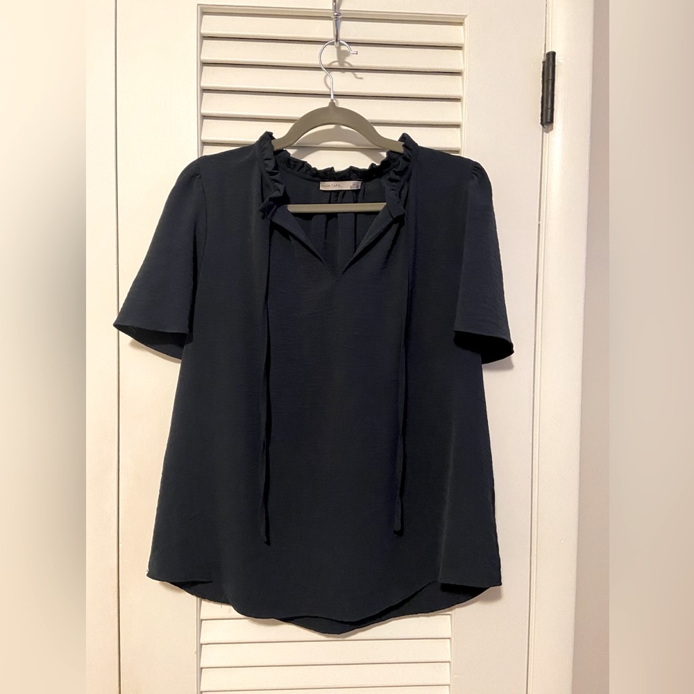 Black Tape Navy Blouse with Ruffled Neckline